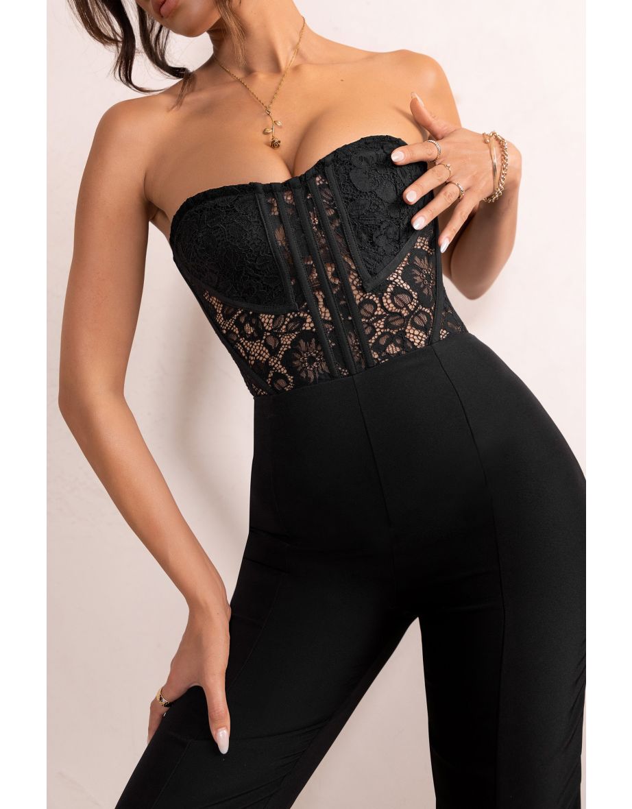 Mimi | Black Strapless Lace Corset Flared Leg Jumpsuit - 3