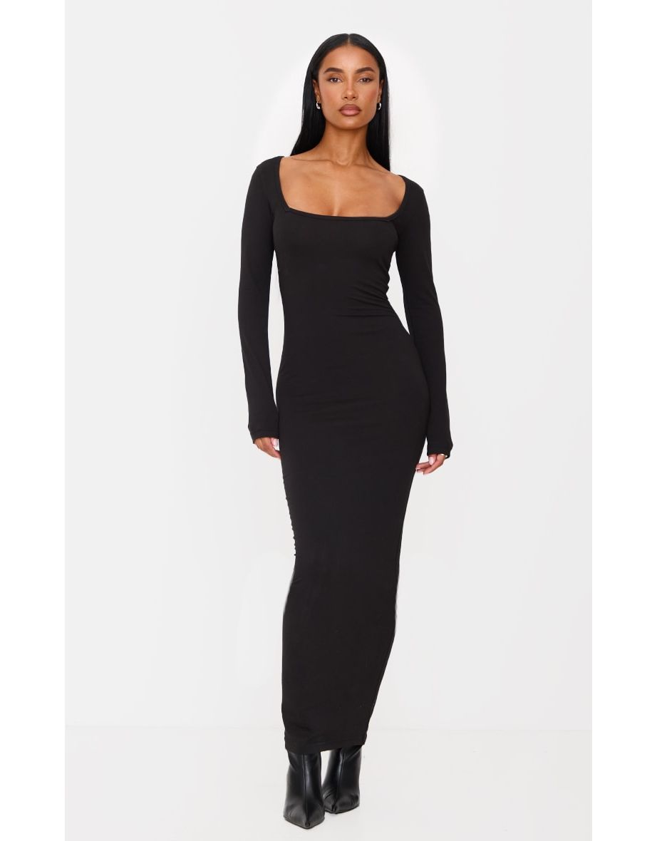 Black Cotton Square Neck Long Sleeve Maxi Dress