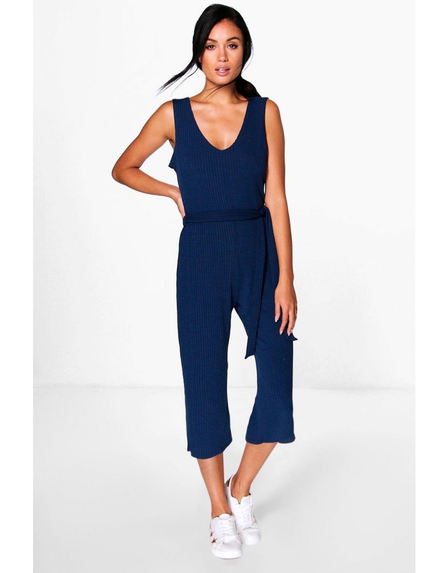 Basic Ribbed Culotte Jumpsuit - navy