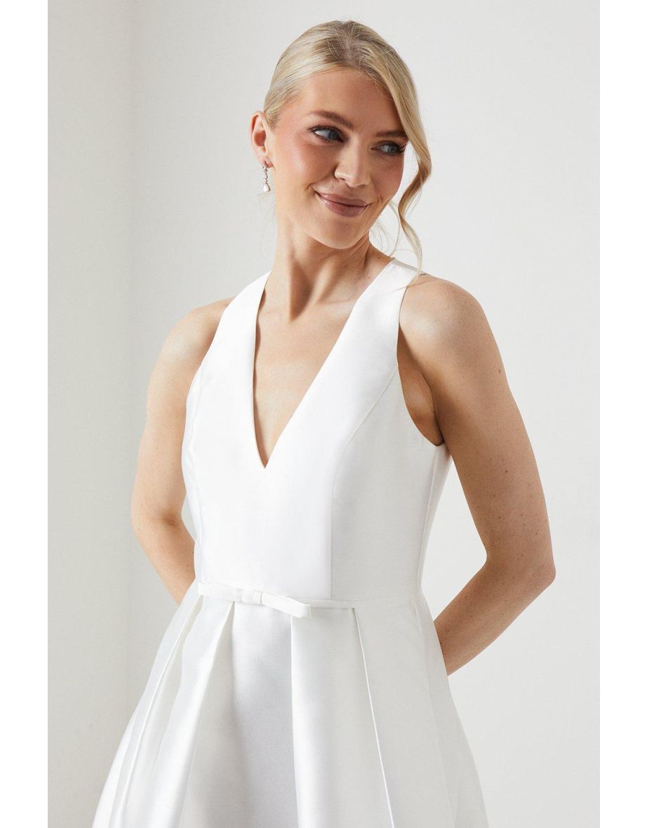 Plunge Neck Bow Waist Mini Dress With Pockets - 3