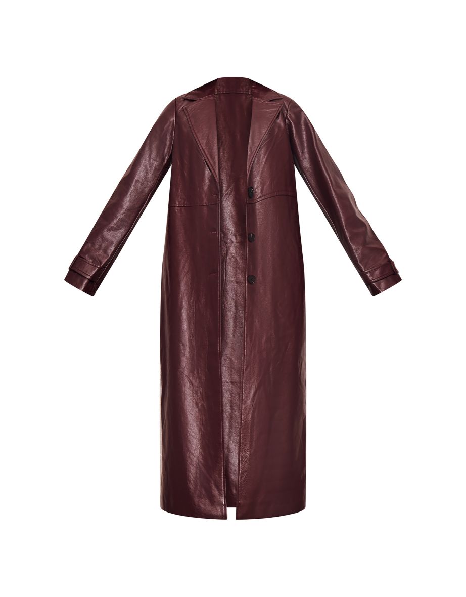 Burgundy High Shine Textured Faux Leather Maxi Coat - 4