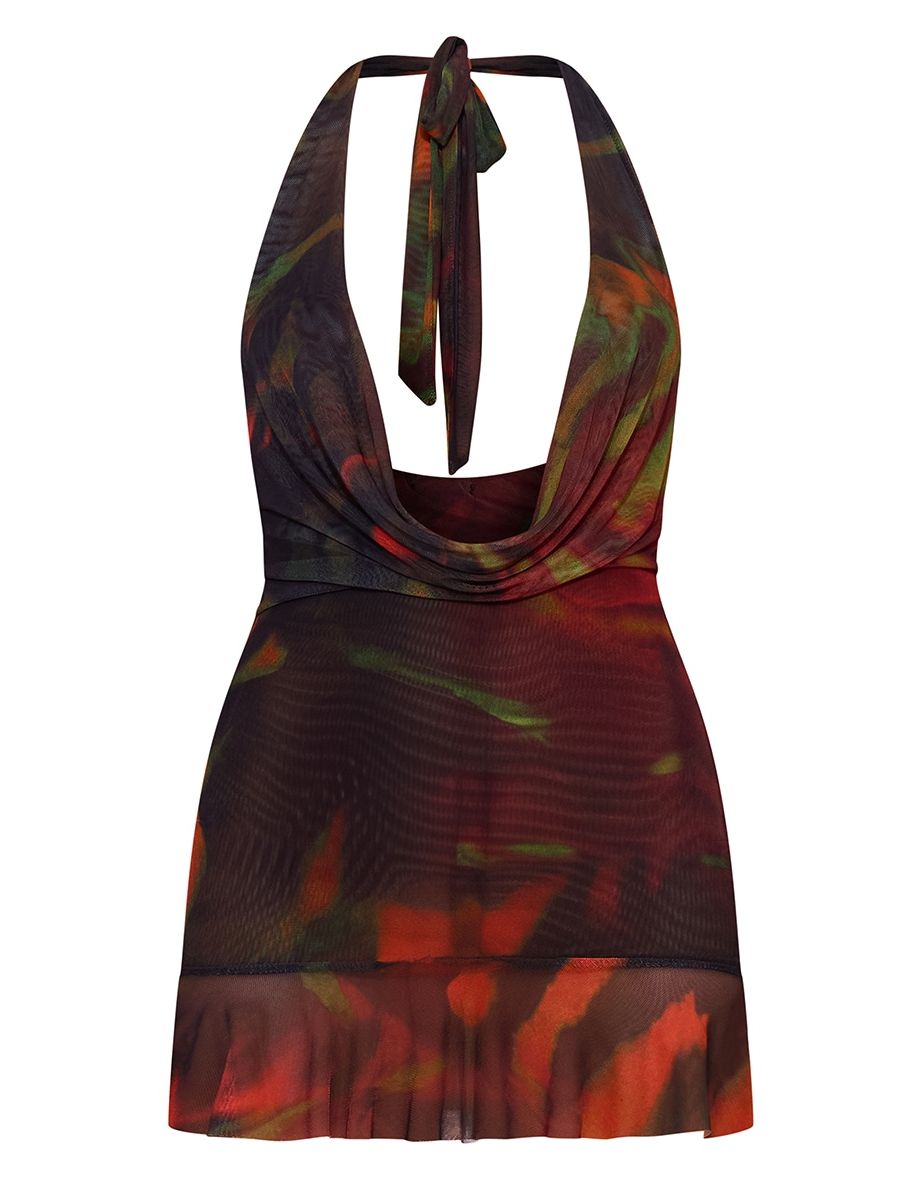 Red Abstract Printed Plunge Cowl Mesh Bodycon Dress - 3