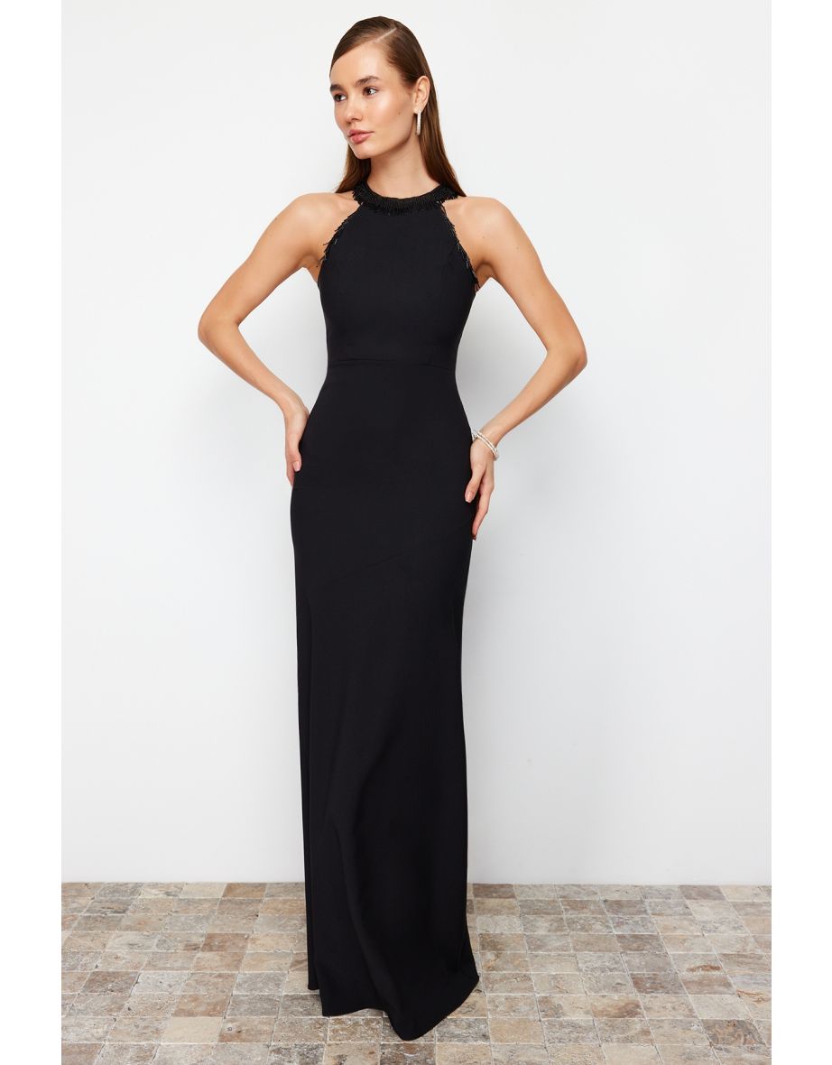 Black Body-fitting Woven Shiny Stone Long Evening Evening Dress
