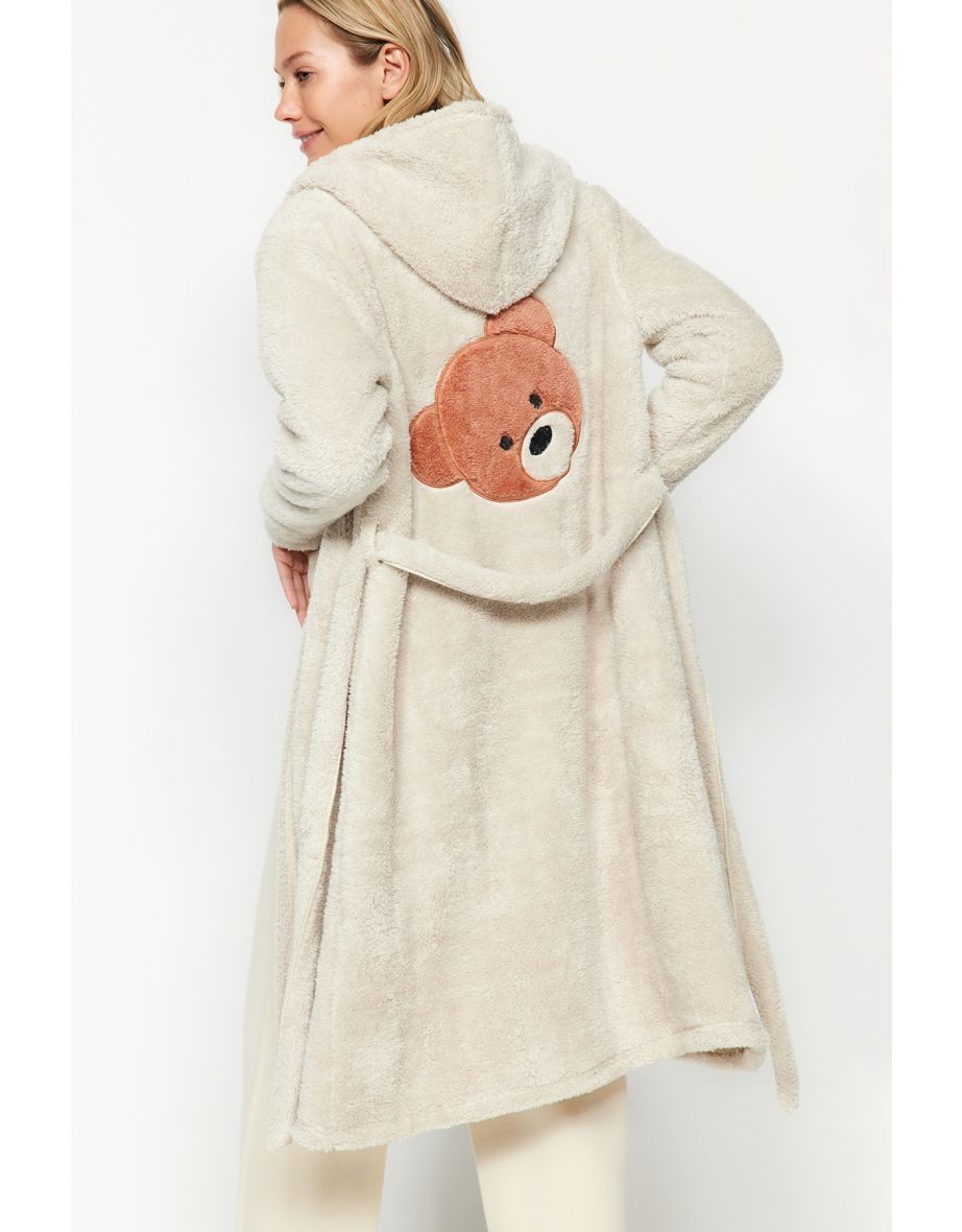Wellsoft Cream Negligee Dressing Gown with Teddy Bear Embroidery Detail
