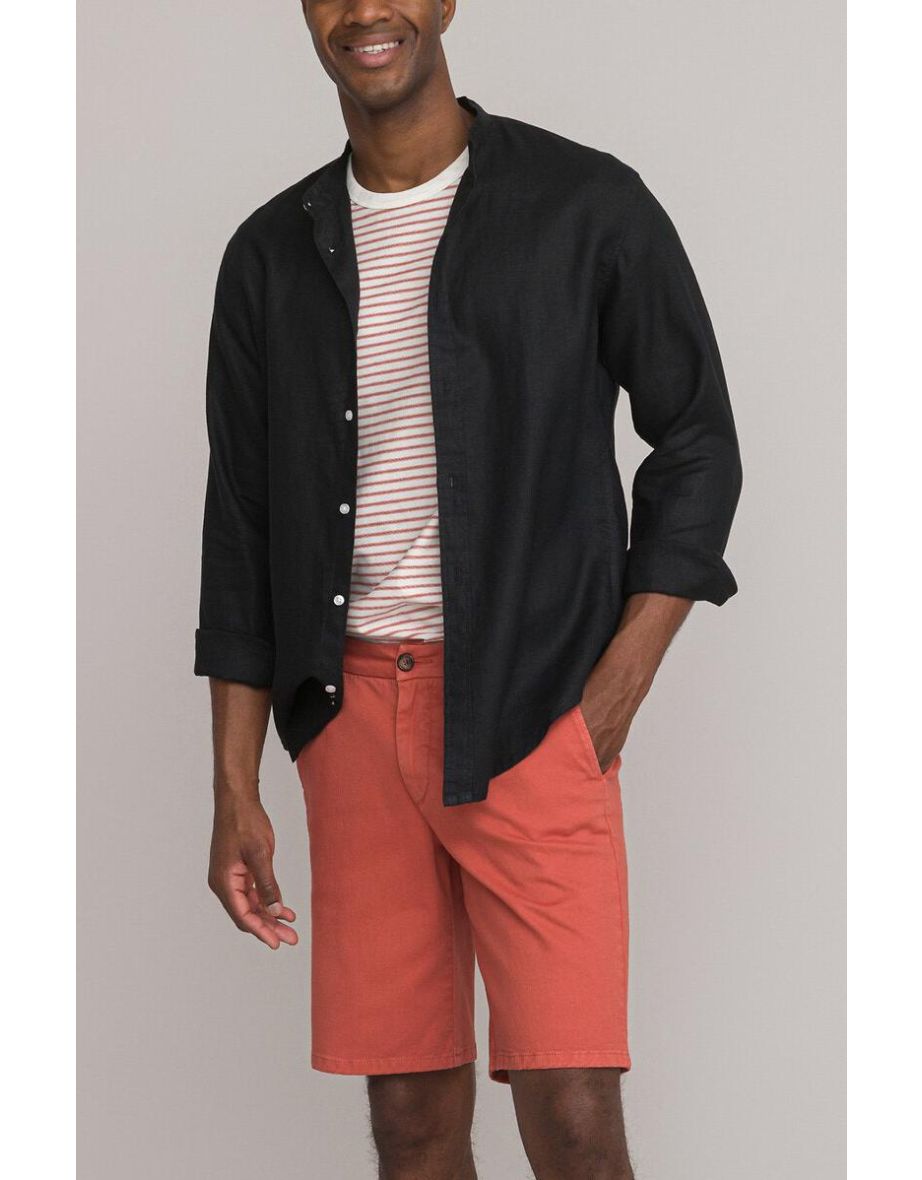 Linen Mandarin Collar Shirt, Regular Fit with Long Sleeves