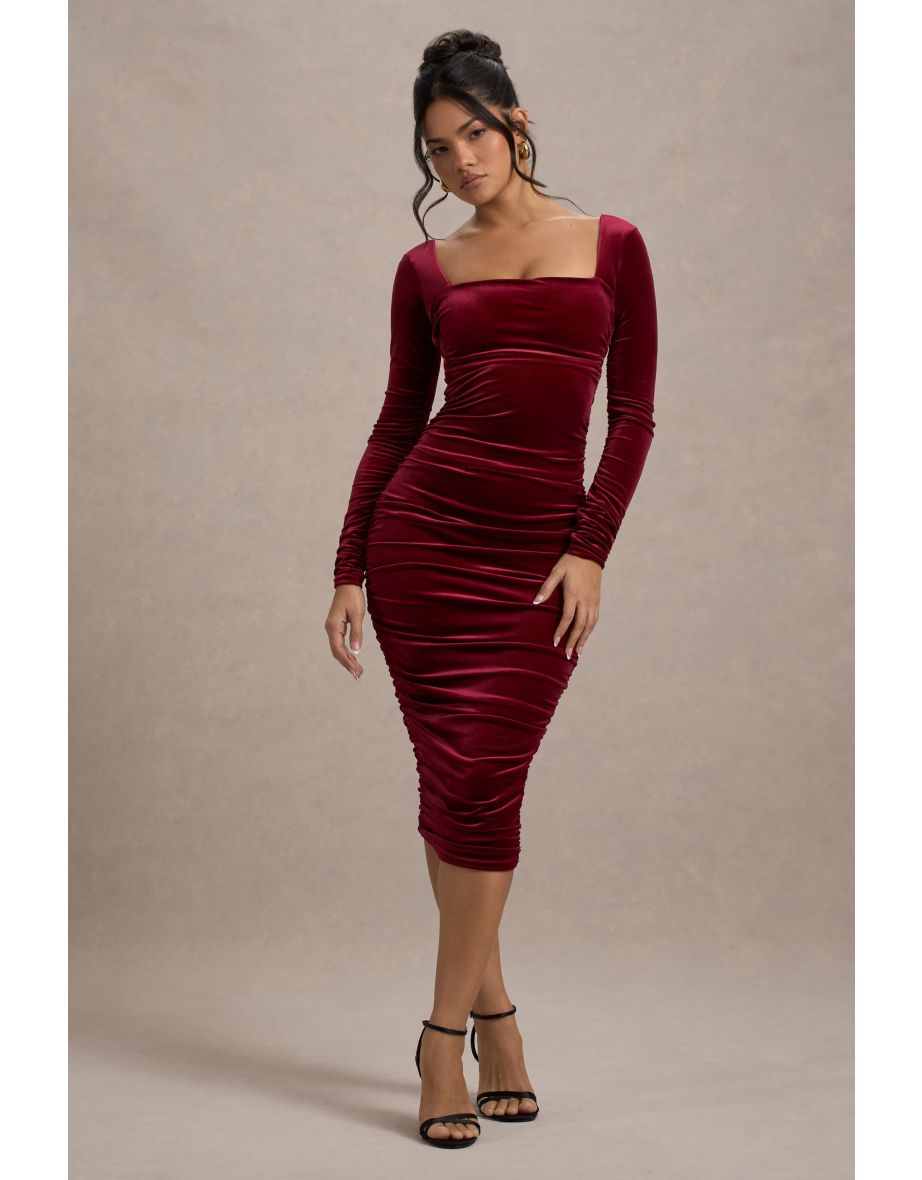 Shop Seductress Berry Velvet Square Neck Bodycon Midi Dress With Long Sleeves Online in Iraq VogaCloset