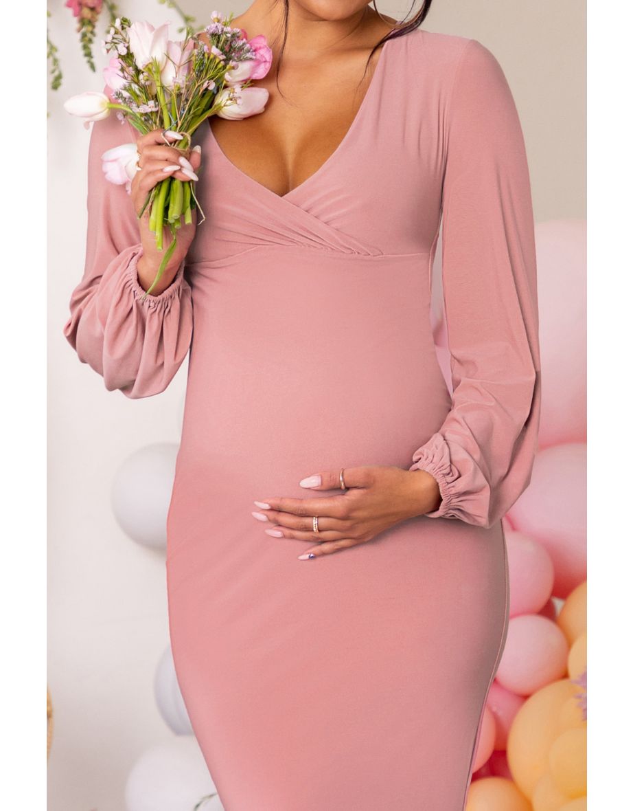 Beige Maternity Ruched Column Maxi Dress with Long Sleeve - 2