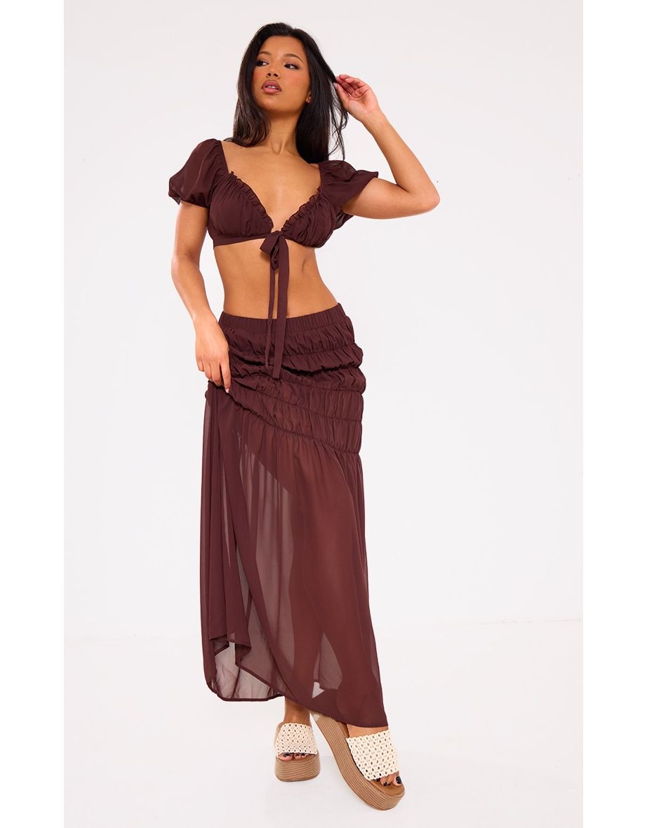 Chocolate Brown Chiffon Shirred Tier Waist Maxi Skirt