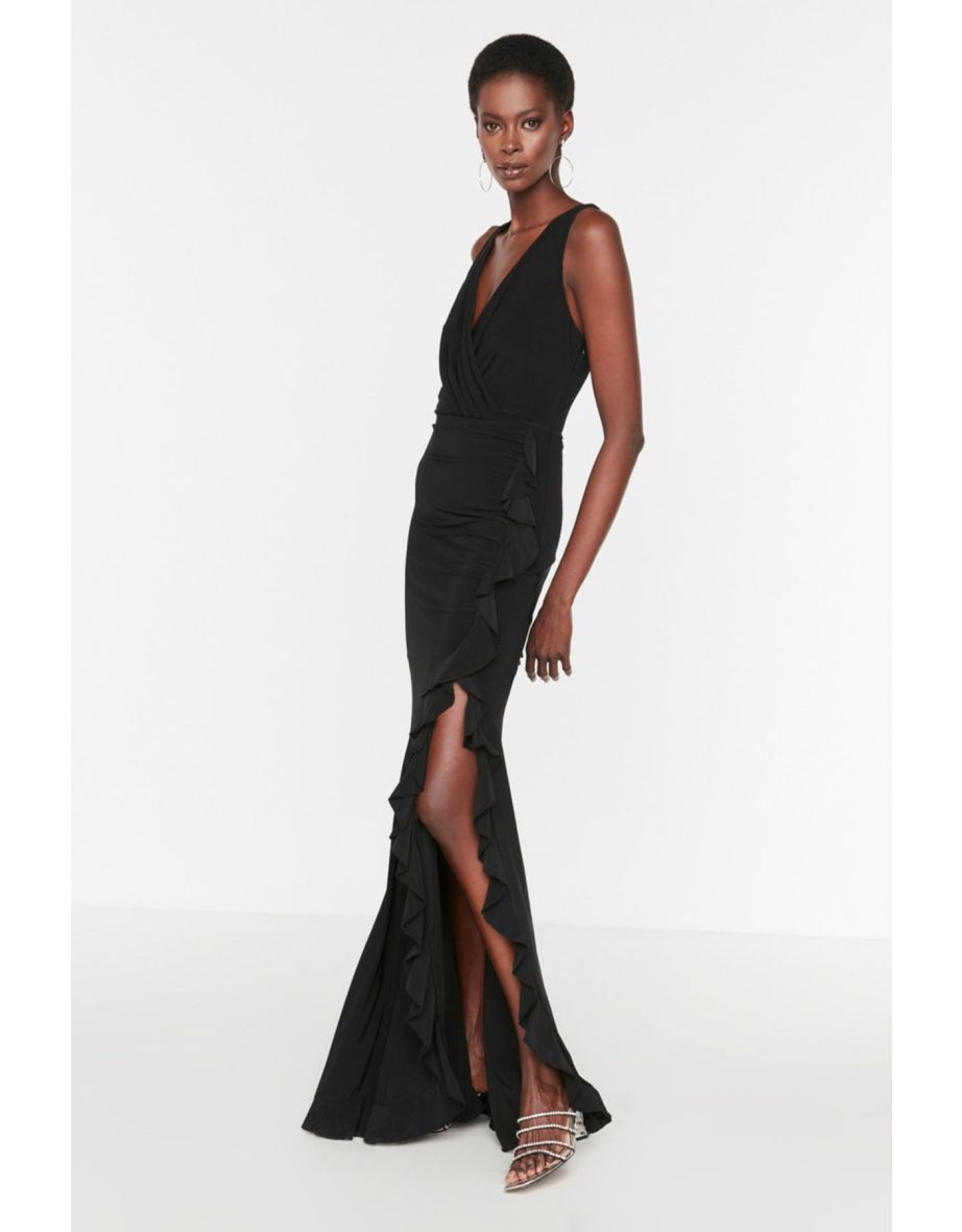 Black Ruched Pleated Bodycon Maxi Party Dress with Ruffles