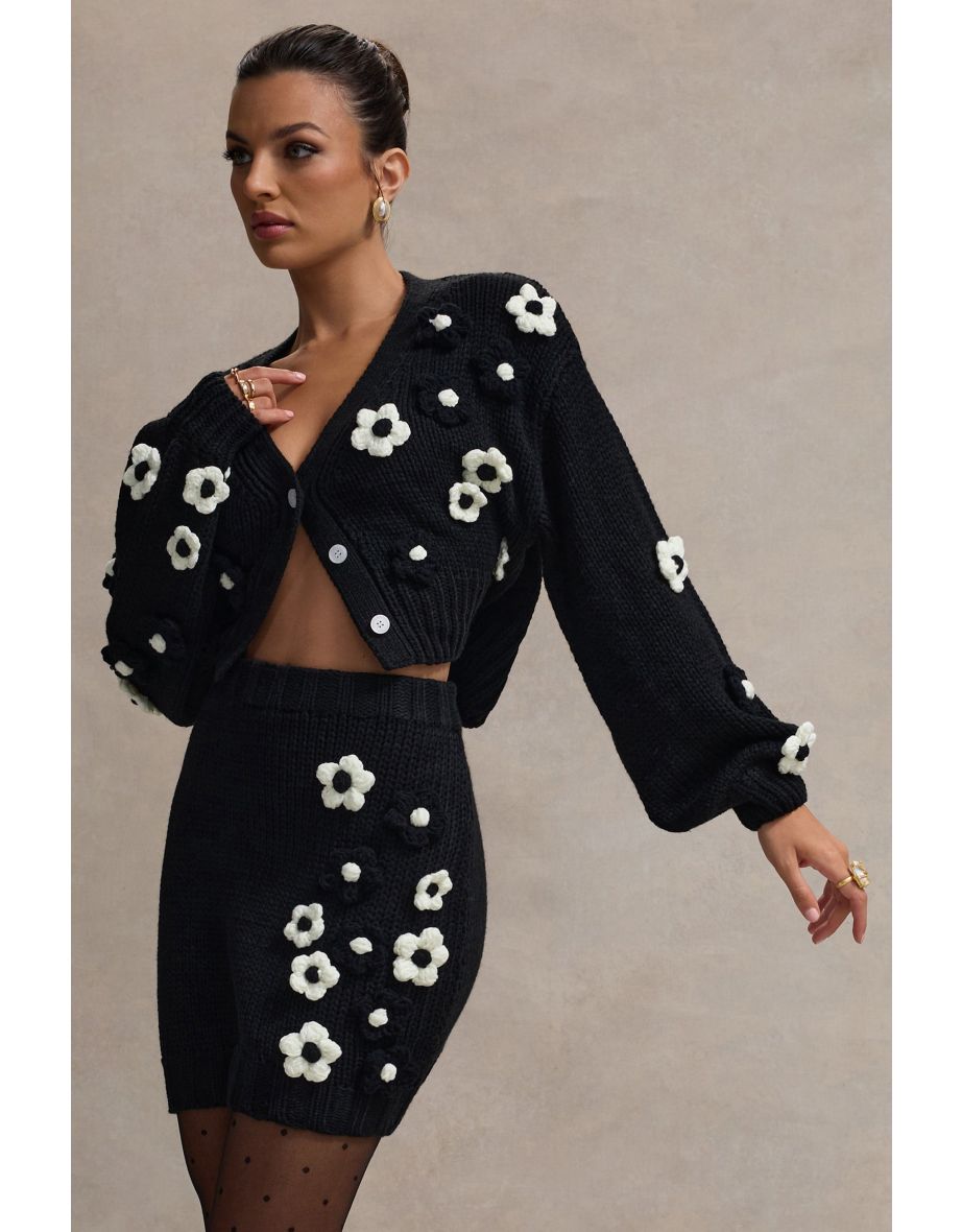 Louvre | Black & White Knit Cropped Floral Cardigan