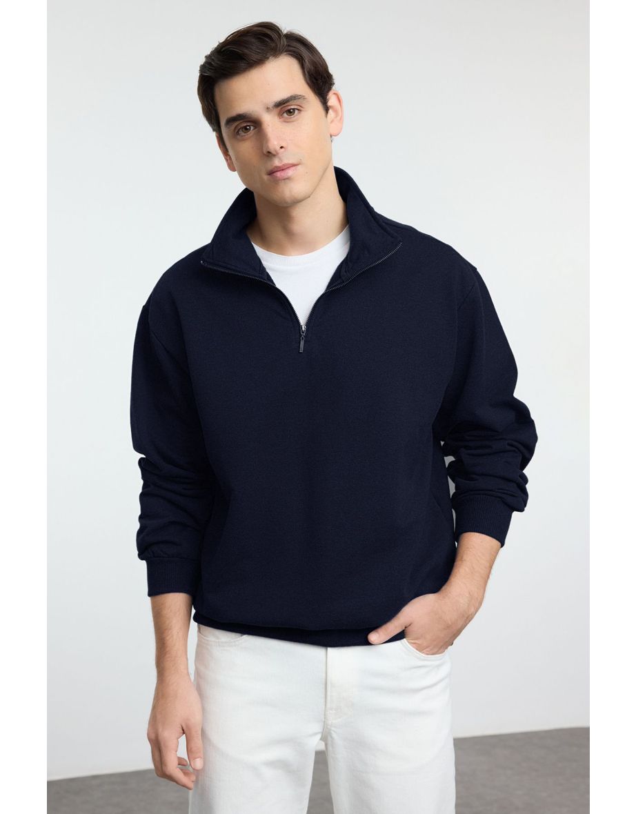 Navy Blue Oversize/Wide Cut Stand Collar Sweatshirt with Labeled Fleece Inside