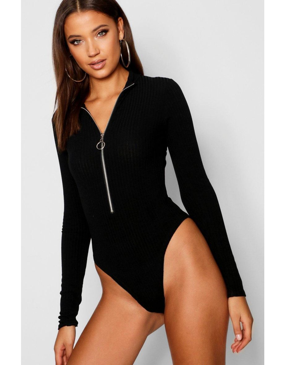 Tall Long Sleeve Zip Front Knitted Rib Bodysuit - black