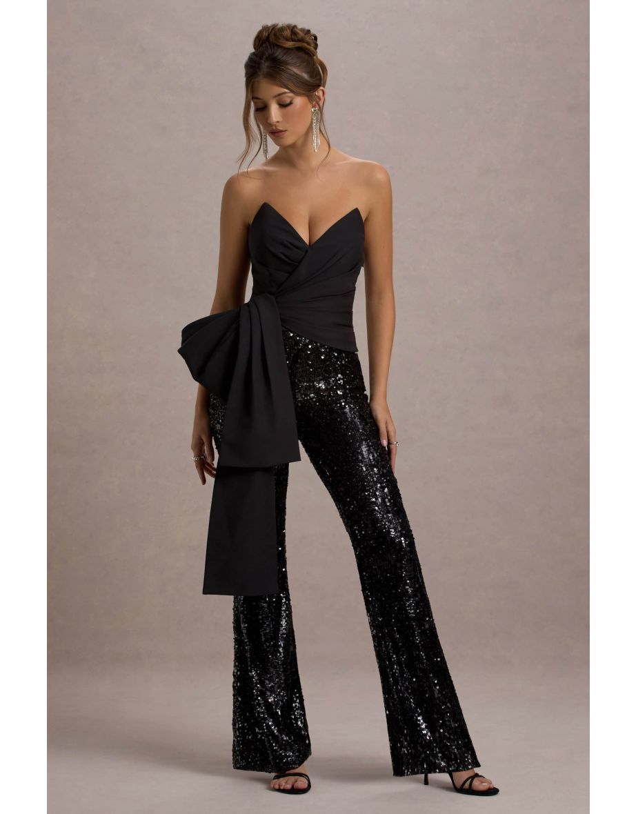 Bianco | Black Sequin Strapless Flared-Leg Jumpsuit With Drape