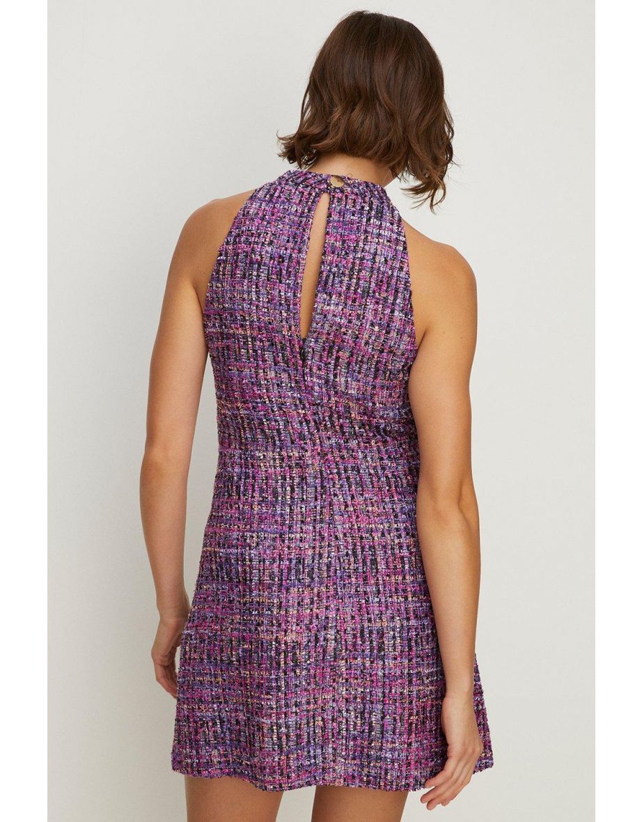 Purple Sequin Tweed Halter Mini Dress - 2