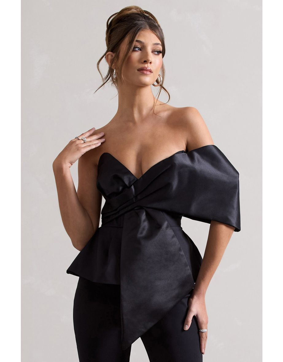 Mayfair | Black Asymmetric Bardot Top With Peplum Hem