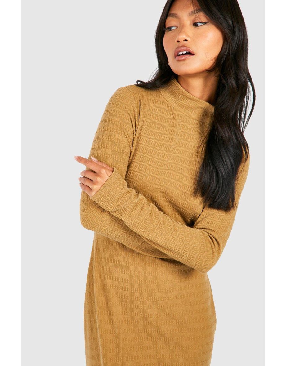 Soft Crinkle Texture High Neck Maxi Dress - camel - 3
