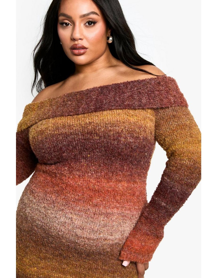 Plus Ombre Fluffy Knit Bardot Mini Dress - rust - 3