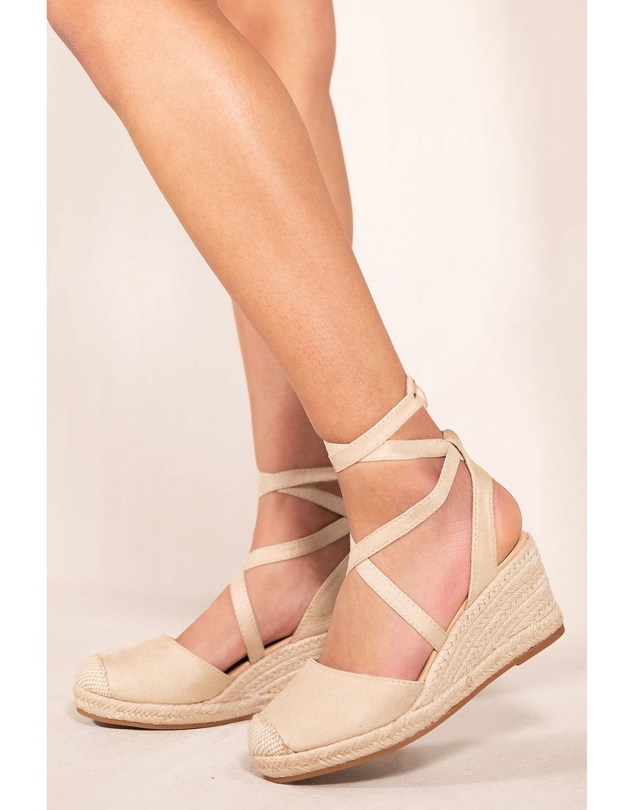 JUNIPER LOW WEDGE ESPADRILLE SANDALS WITH LACE UP DETAIL IN IVORY CREAM