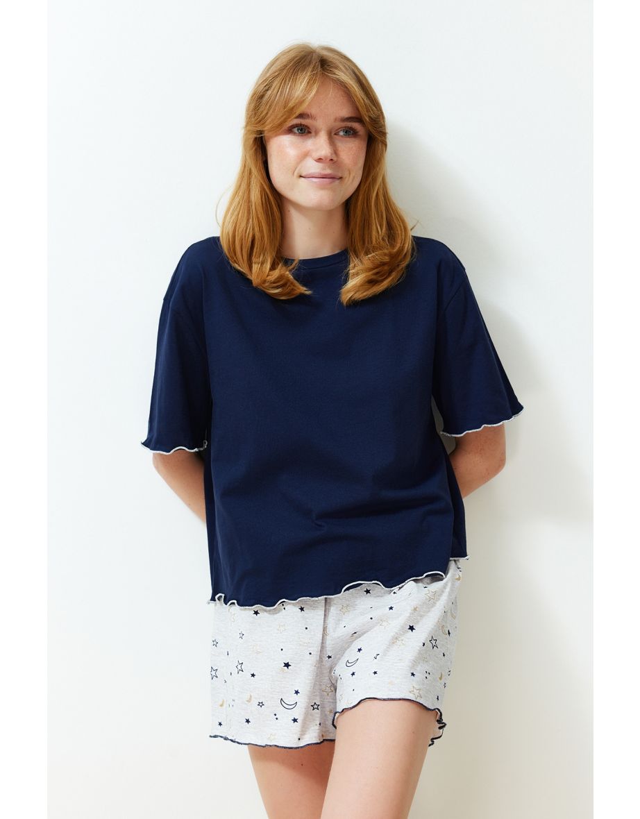 Navy Blue 100% Cotton Galaxy Patterned Knitted Pajamas Set