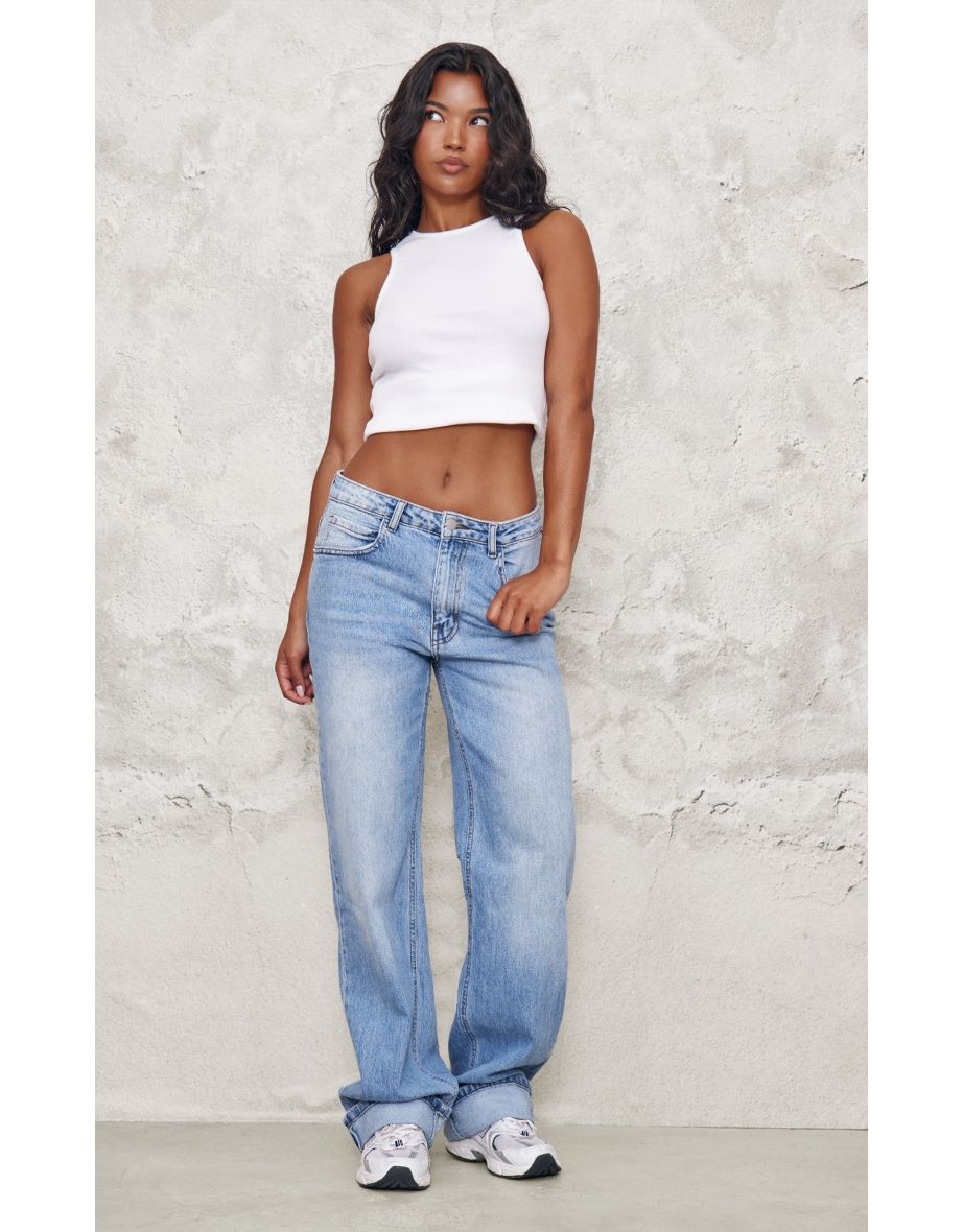 Mid Blue Wash Distressed Turn Up Hem Jeans