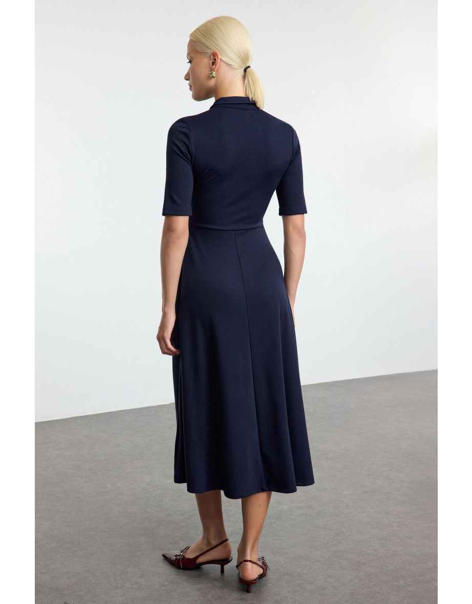 Navy Blue Button-down Collar Three Quarter Sleeve Skater/Waist Open Midi Knit Dress - 4