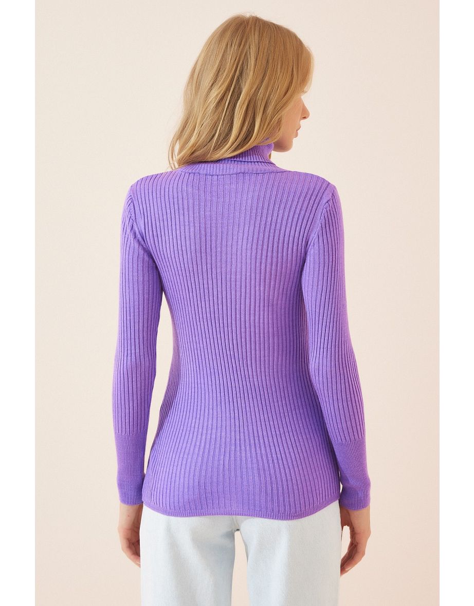 Women's Lilac Neck Ribbed Lycra Sweater - 2