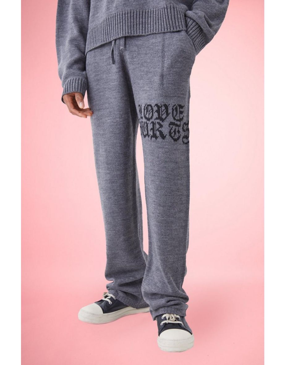 Relaxed Knitted Joggers With Gothic Font - charcoal