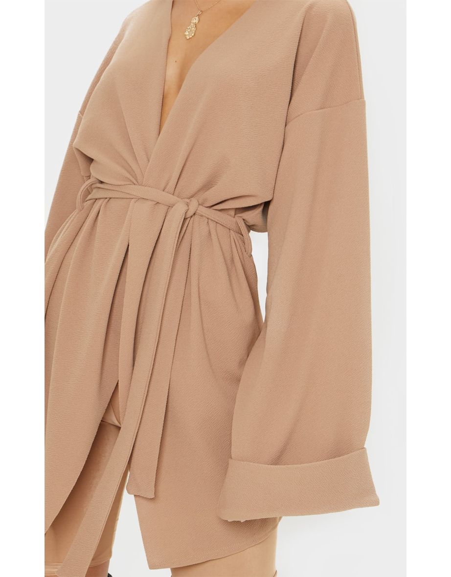 Camel Belted Oversized Sleeve Blazer - 4