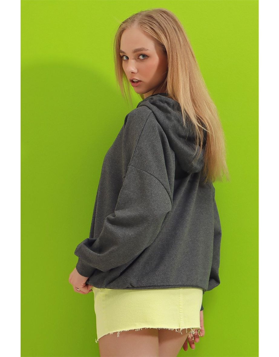 Women's Anthracite Hoodie. Kangaroo Pocket Two Thread Sweatshirt - 4