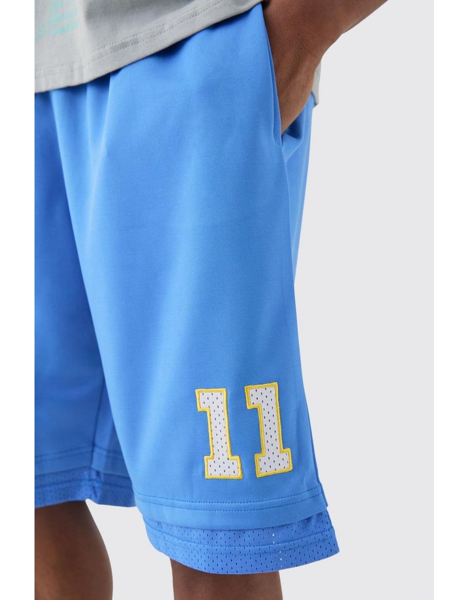 Loose Fit Bhm Satin Mesh Long Length Basketball Shorts - blue - 2