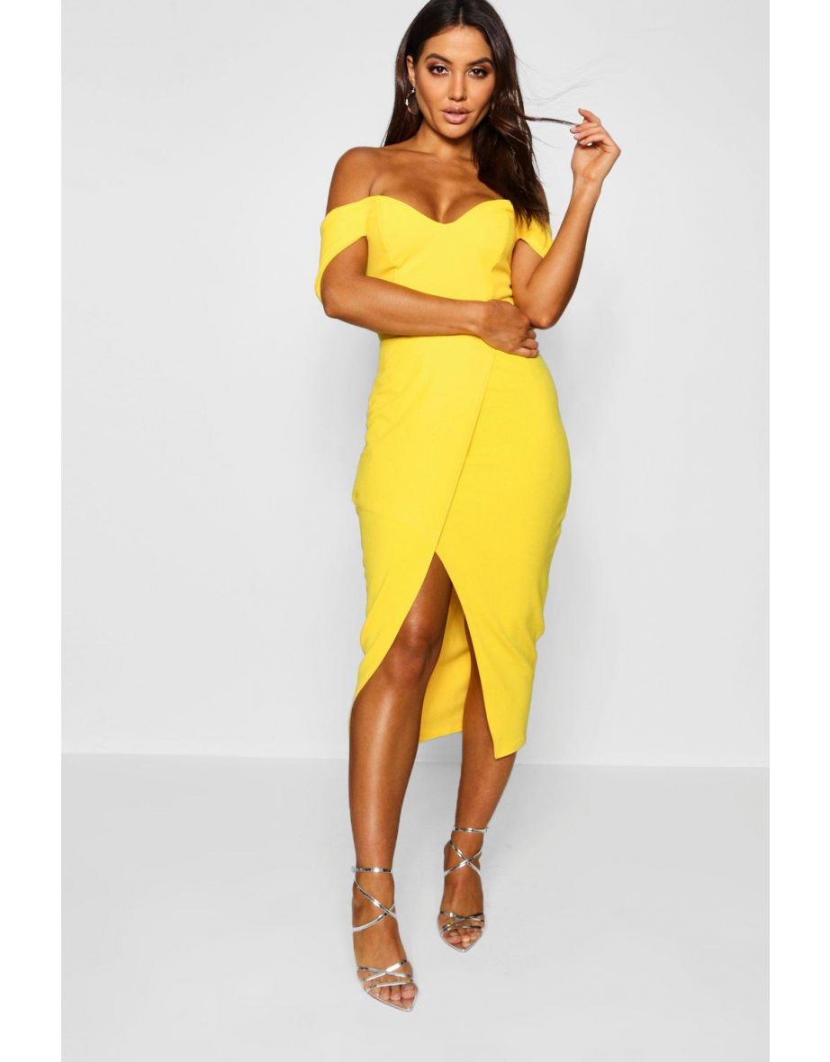 off shoulder wrap skirt midi dress