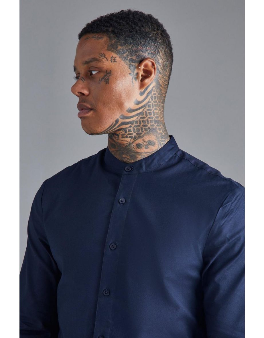 Long Sleeve Grandad Collar Slim Shirt - navy - 1