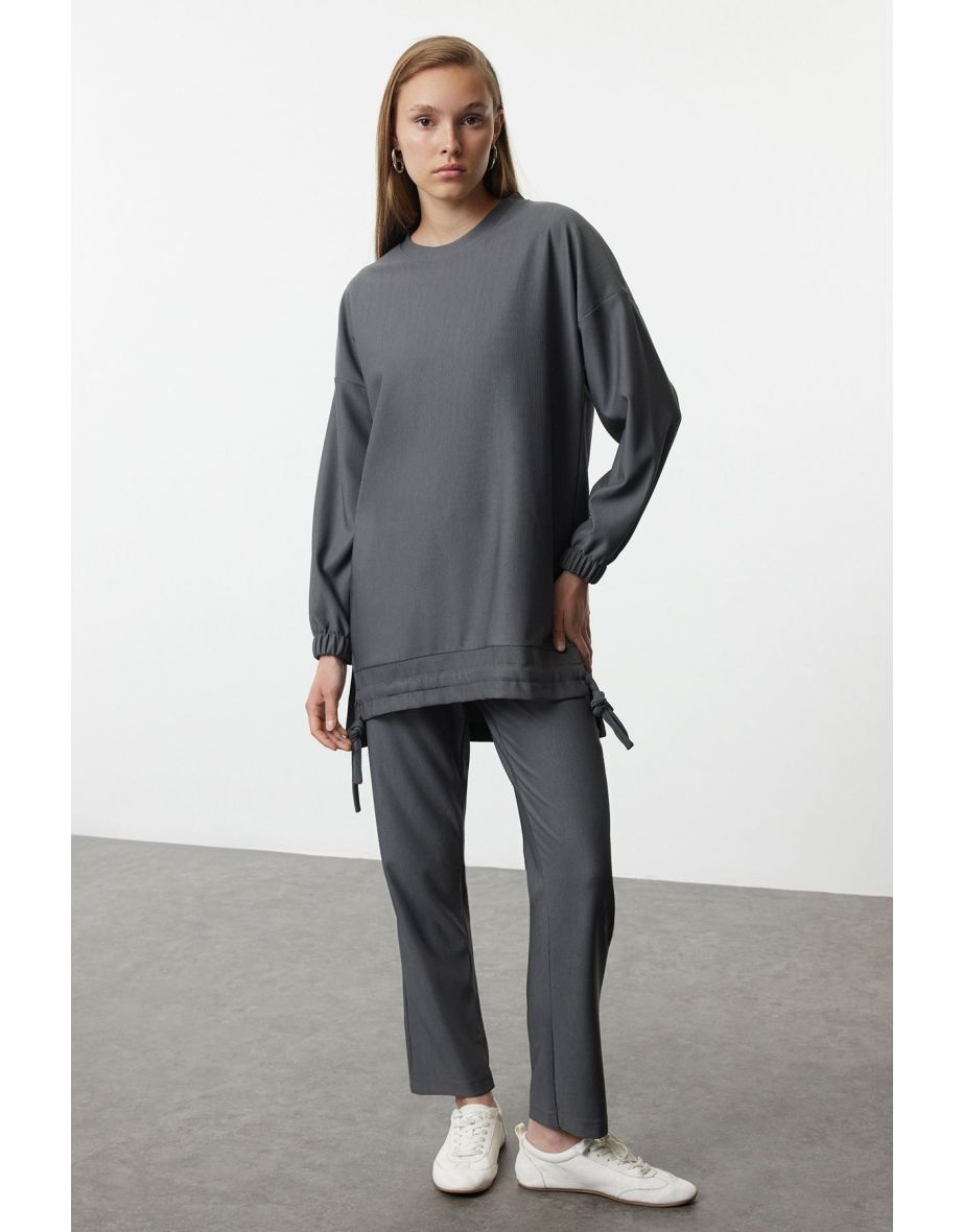 Anthracite Stopper Detailed Oversize Rib/Casino Plain Knitted Bottom-Top Set