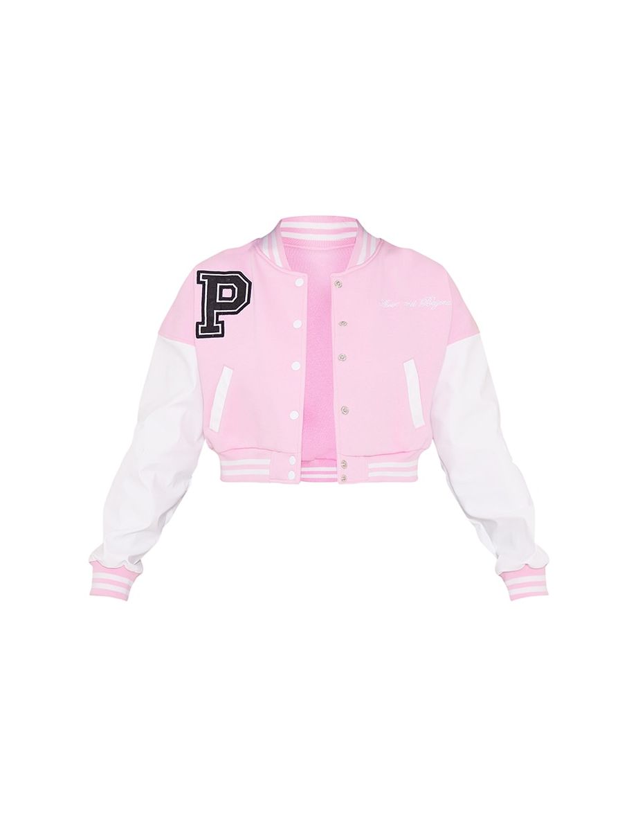 PRETTYLITTLETHING Light Pink Varsity Slogan Contrast Sleeve Bomber Jacket - 4