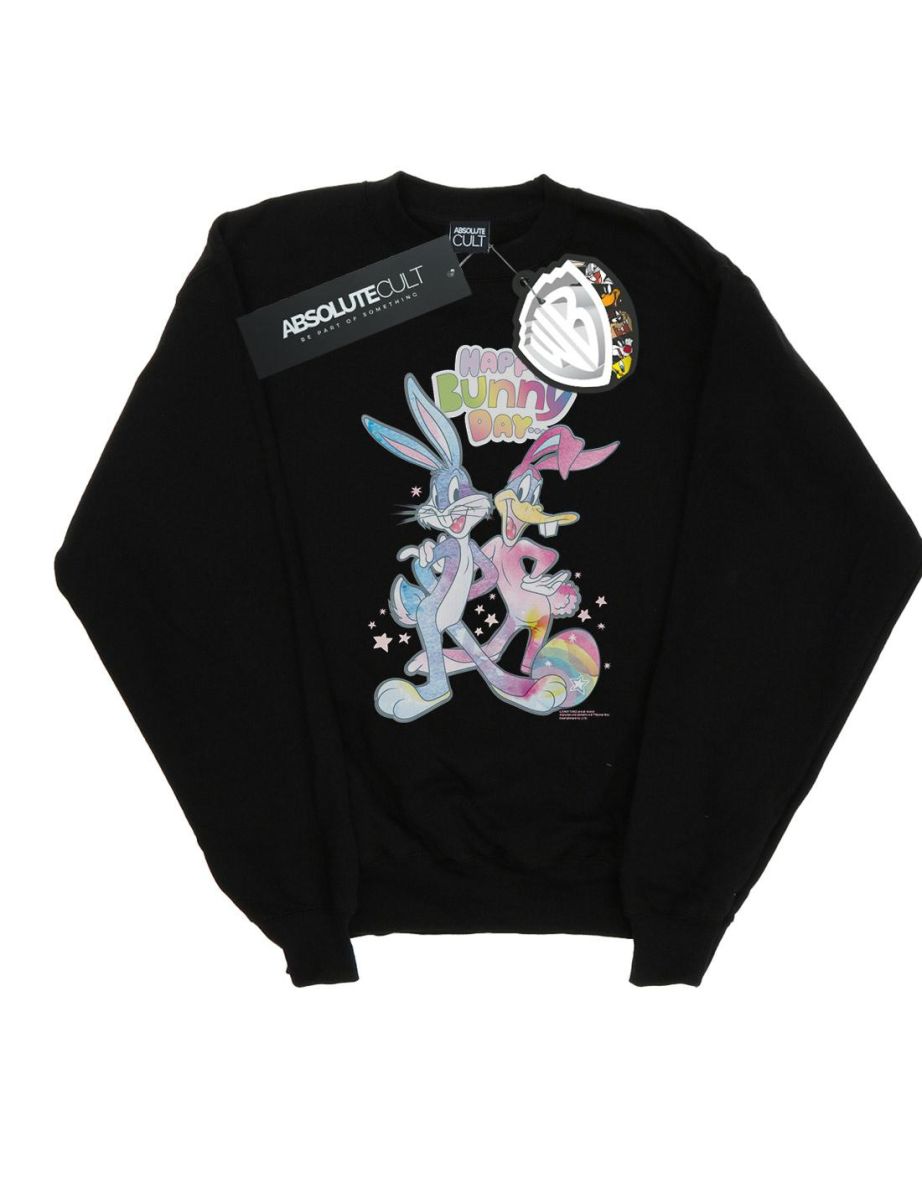 Looney Tunes Girls Bugs And Daffy Happy Bunny Day Sweatshirt - Black