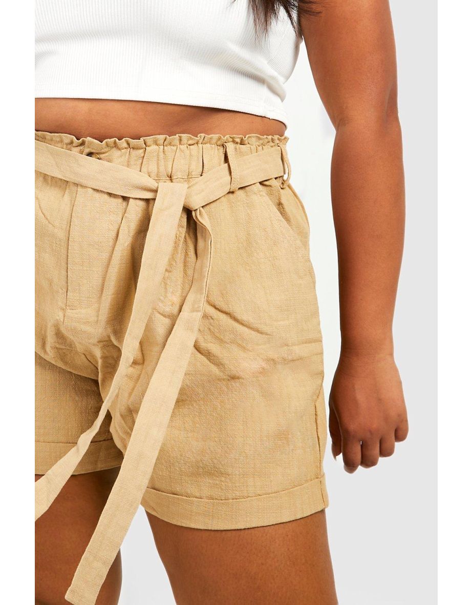 Plus Self Fabric High Waisted Linen Shorts - sand - 3