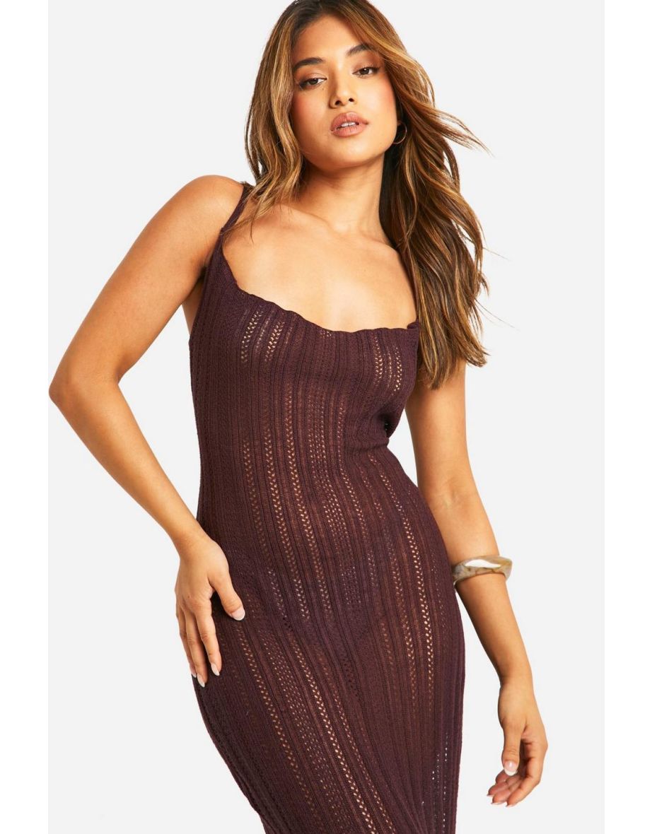 Petite Crochet Ladder Cowl Neck Knitted Maxi Dress - chocolate - 3