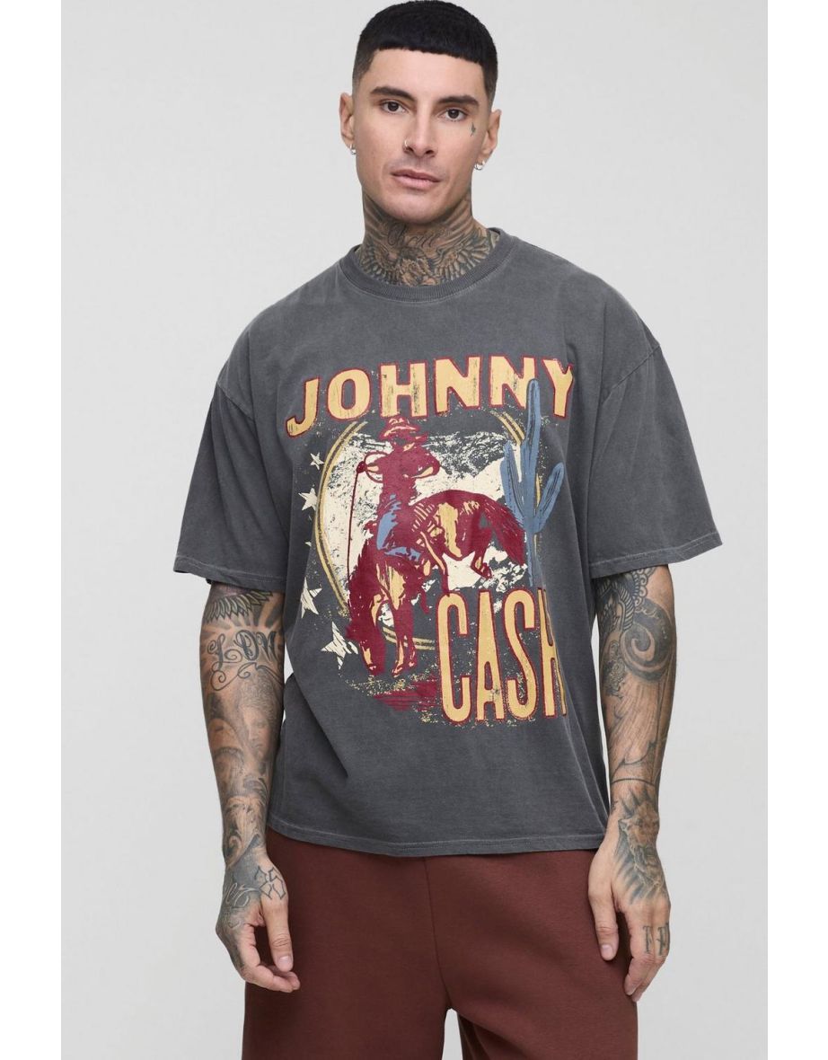 Tall Oversized Boxy Johnny Cash License Washed Print T-Shirt - charcoal