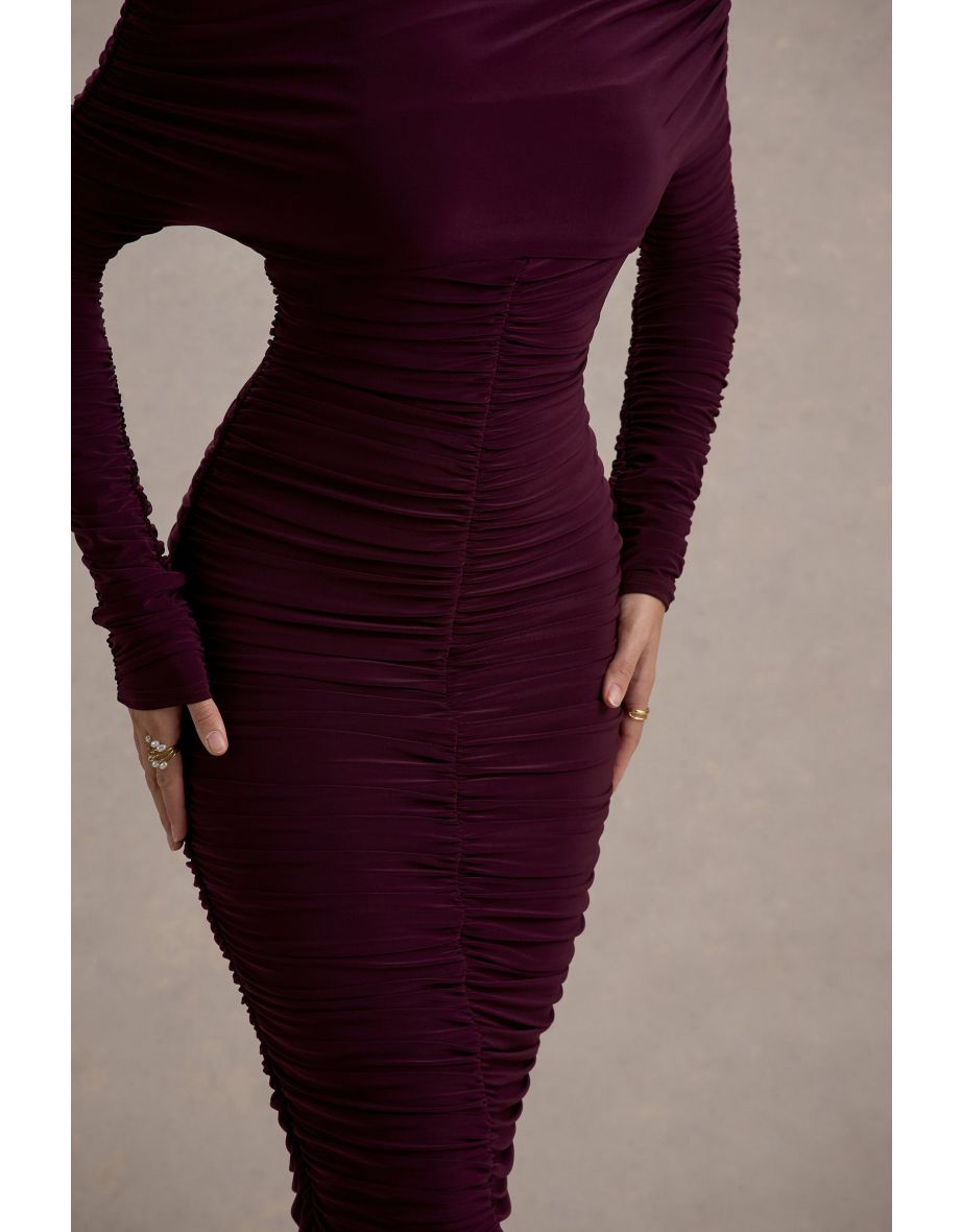 Sinclair | Plum Ruched One-Shoulder Bodycon Midi Dress - 5