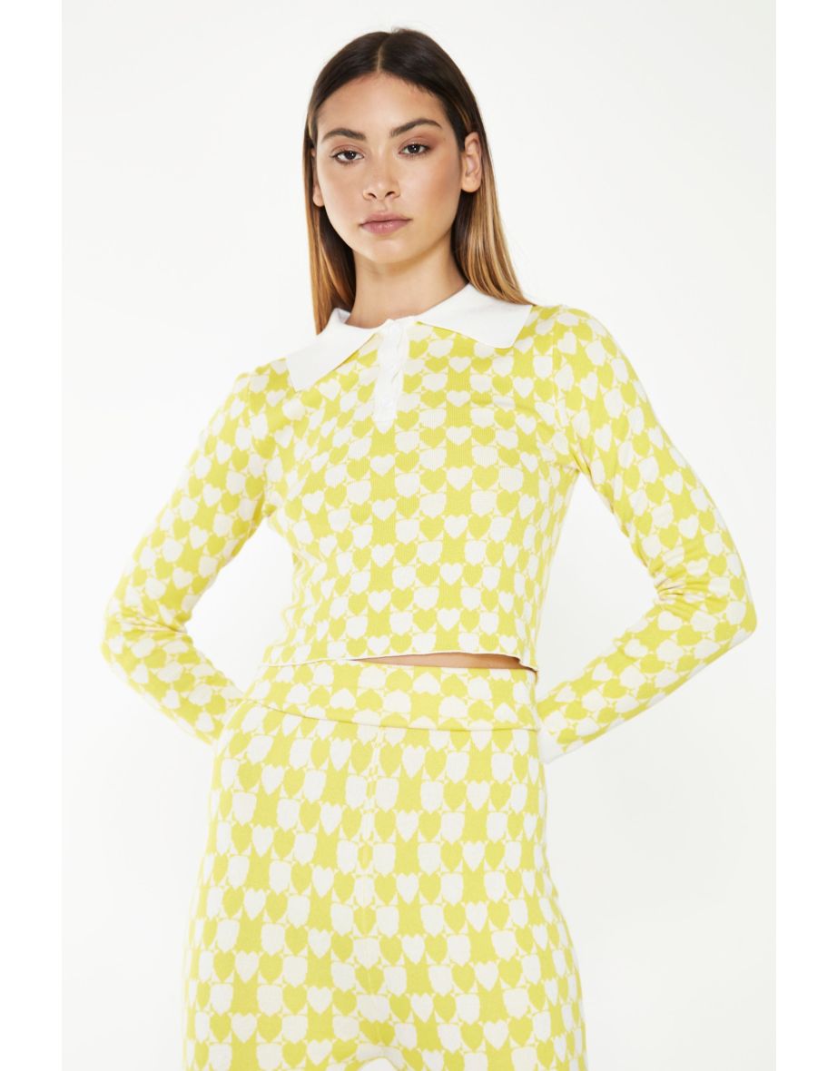 Glamorous Yellow White Heart Collar Long Sleeve Crop Top
