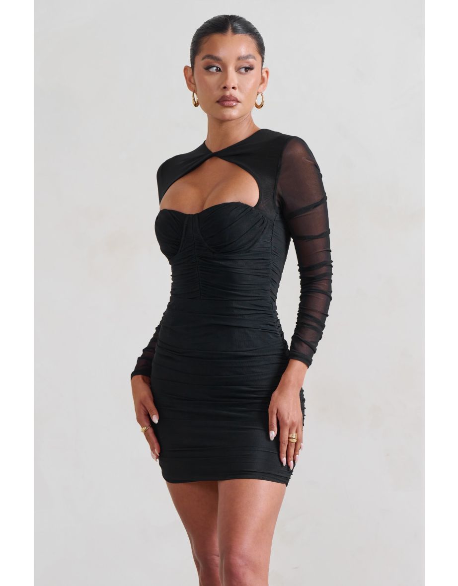 Daiquiri | Black Ruched Cut Out Mesh Mini Dress With Long Sleeves