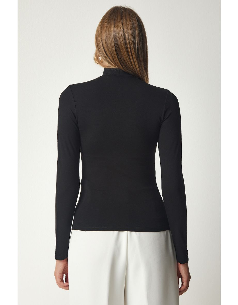 Women's Black High Neck Wrap Elastic Knitted Blouse - 5