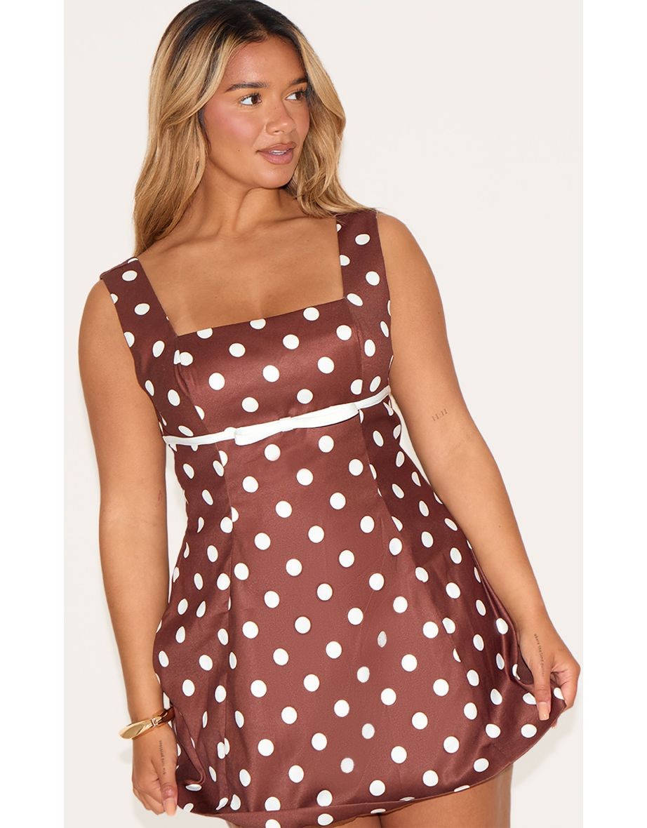 Shape Chocolate Polka Dot Square Neck Bow Detail A-line Mini Dress