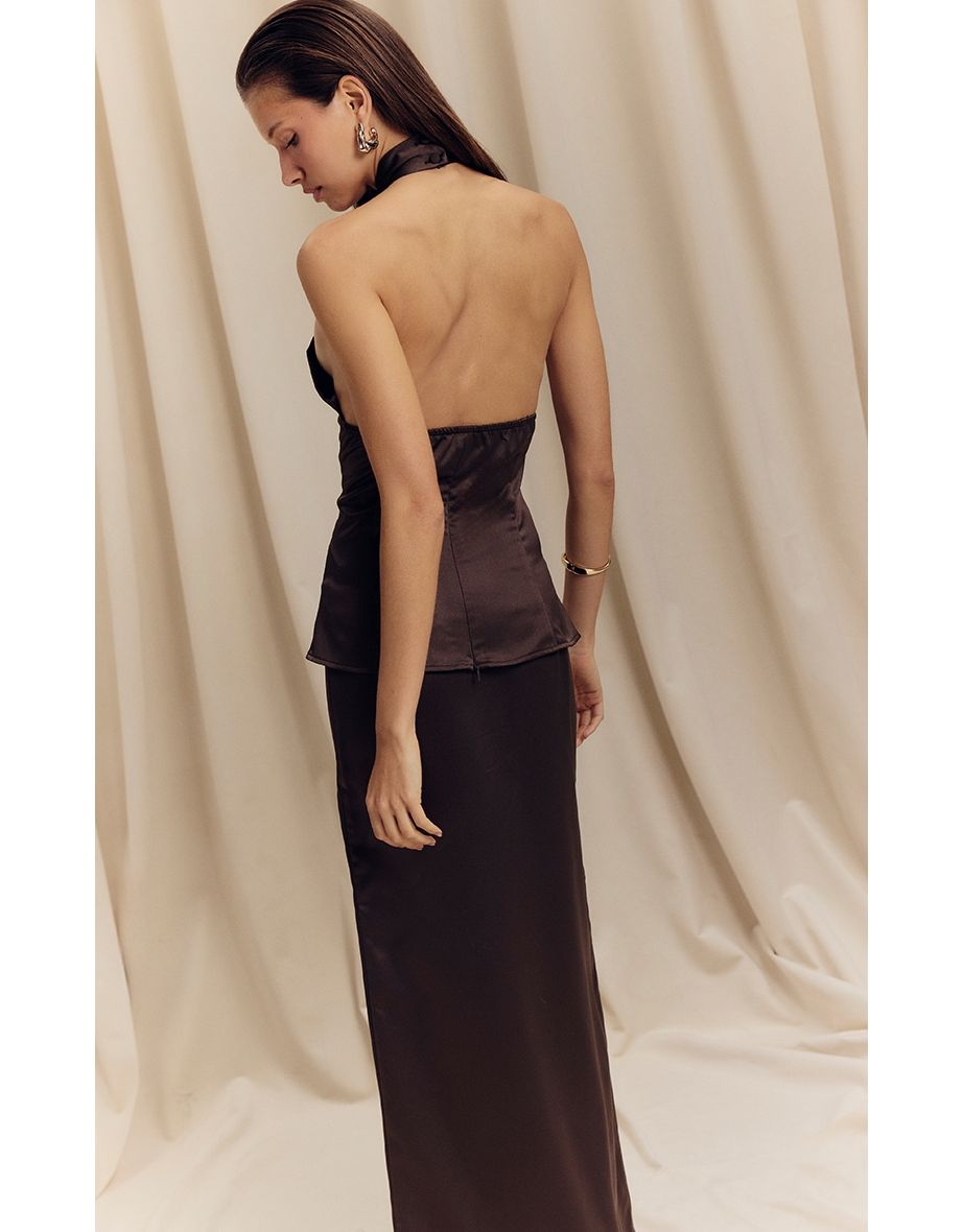 Dark Taupe Satin Mid Rise Maxi Skirt - 2