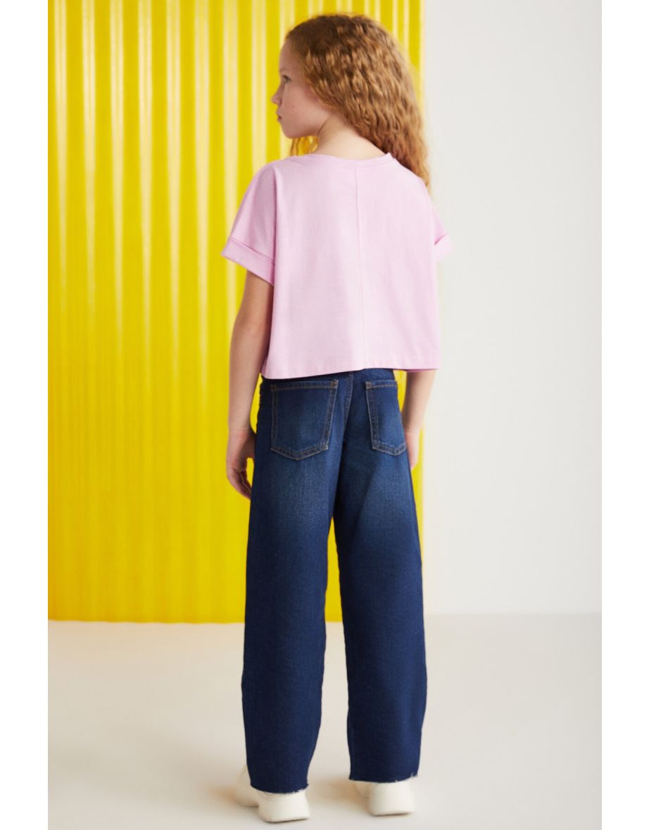 Verena Girl's 100% Cotton Double Sleeve Pink T-shirt with Ornamental Label - 2