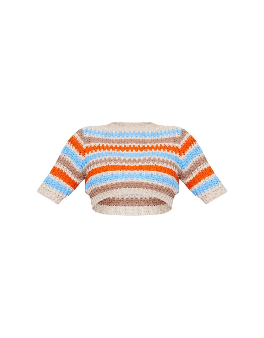 Cream Stripe Short Sleeve Knit Top - 4
