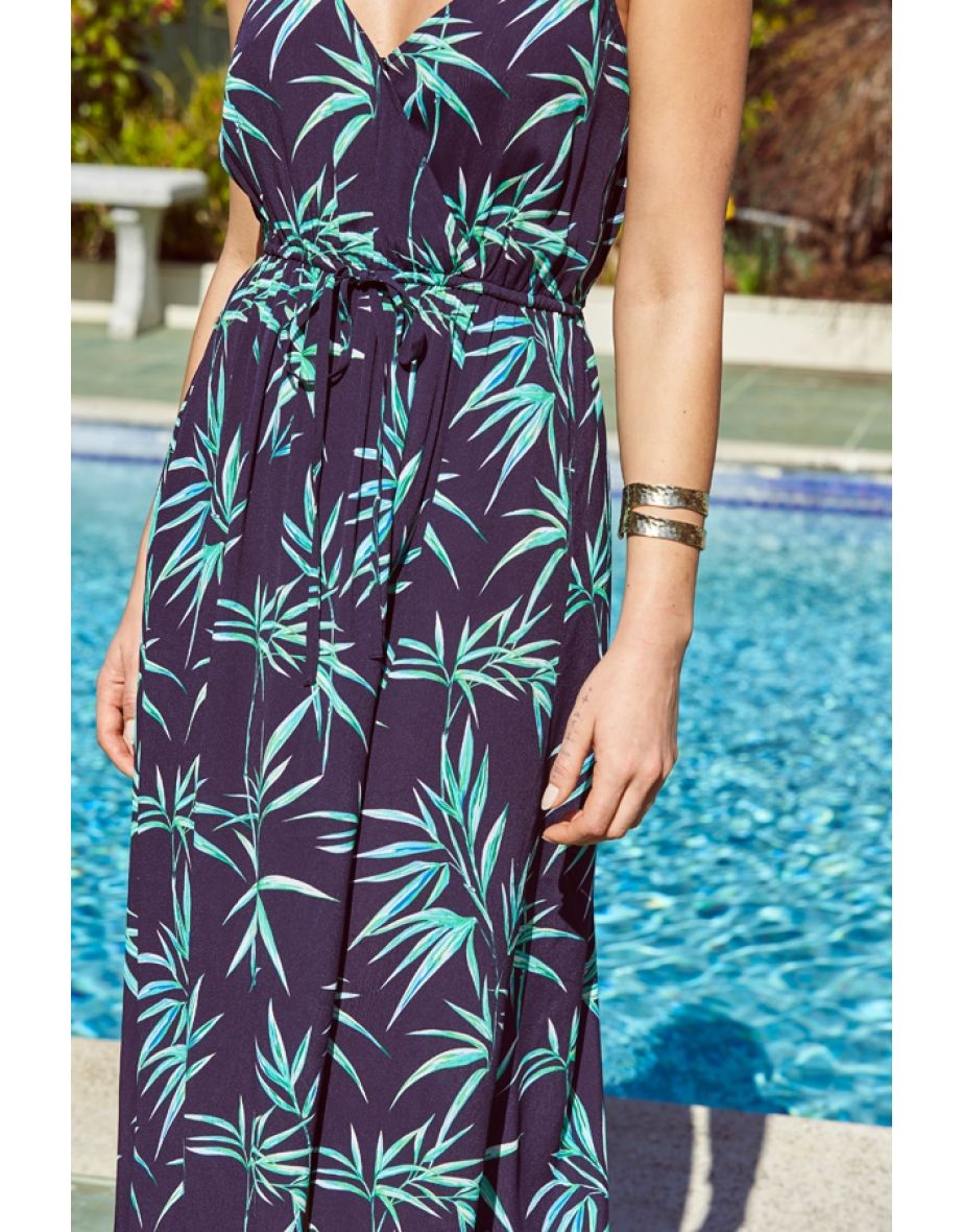 Navy Blue Palm Print Tie Waist Maxi Dress - 4