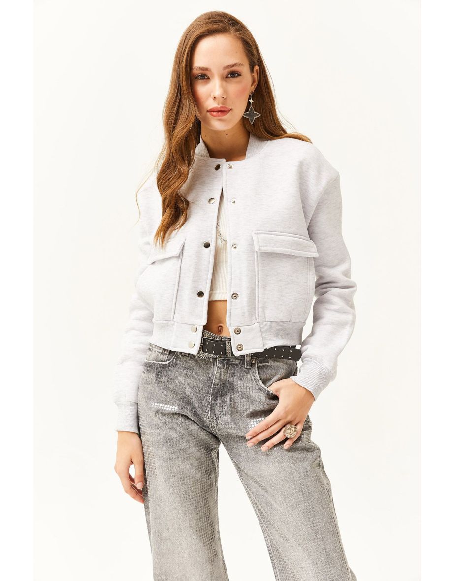 Women's Gray Pocket Snap Closure Fleece Crop Jacket