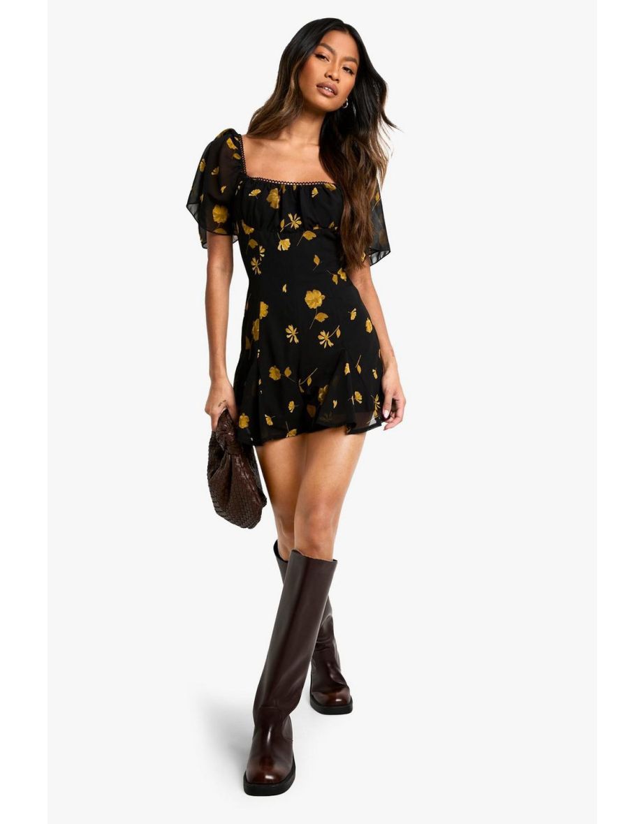 Floral Printed Milkmaid Godet Hem Playsuit - black