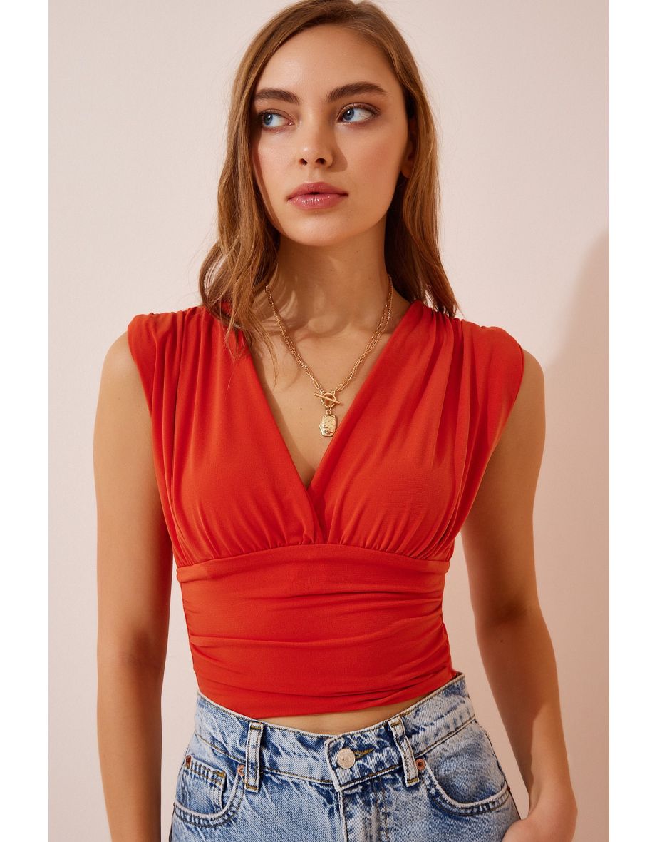 Women's Orange Deep V Neck Crop Sandy Knitted Blouse